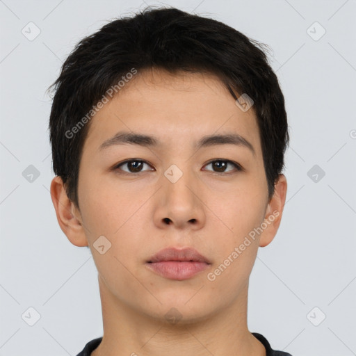 Neutral asian young-adult male with short  brown hair and brown eyes
