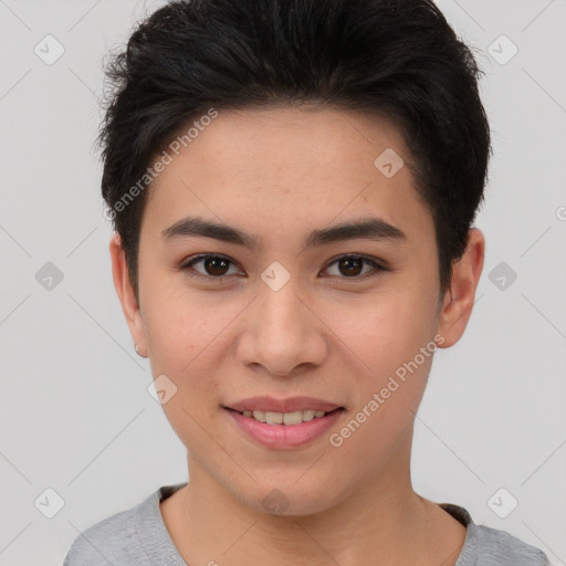 Joyful asian young-adult female with short  brown hair and brown eyes