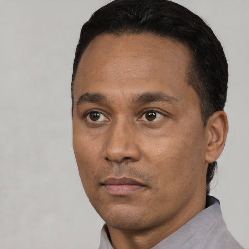 Neutral black adult male with short  black hair and brown eyes