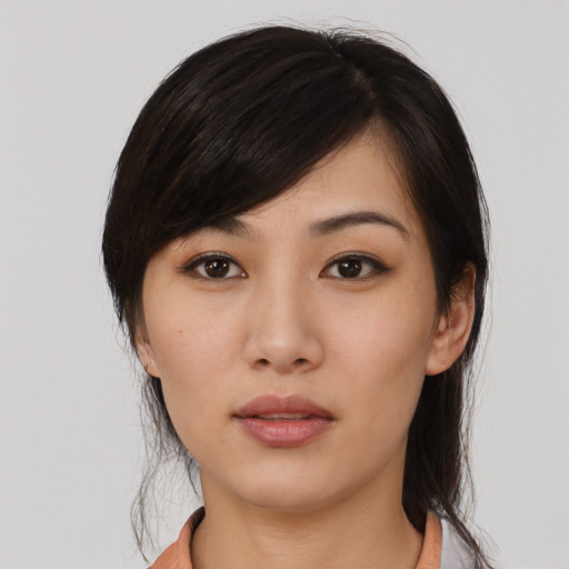 Neutral asian young-adult female with medium  black hair and brown eyes