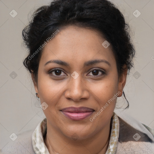 Joyful latino adult female with short  brown hair and brown eyes