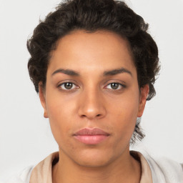 Neutral white young-adult female with short  brown hair and brown eyes