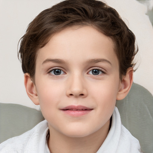 Joyful white child female with short  brown hair and brown eyes