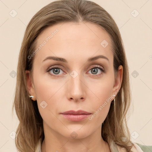 Neutral white young-adult female with long  brown hair and grey eyes