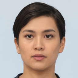 Neutral asian young-adult female with short  brown hair and brown eyes