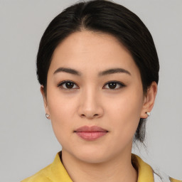 Neutral asian young-adult female with medium  black hair and brown eyes