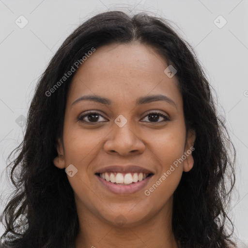 Joyful latino young-adult female with long  brown hair and brown eyes