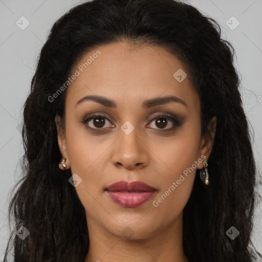 Joyful latino young-adult female with long  brown hair and brown eyes