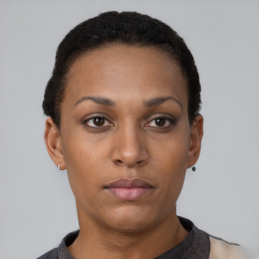 Neutral black young-adult female with short  black hair and brown eyes