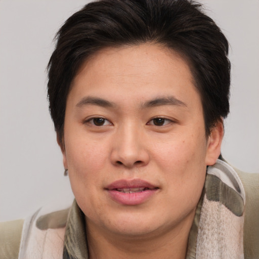 Joyful asian young-adult female with short  brown hair and brown eyes