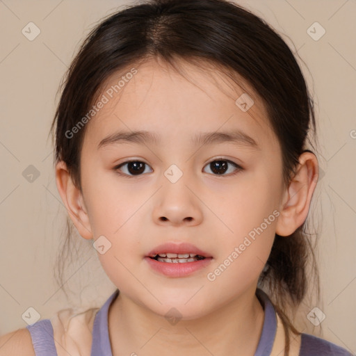 Joyful white child female with medium  brown hair and brown eyes