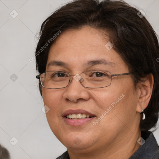 Joyful white adult female with short  brown hair and brown eyes