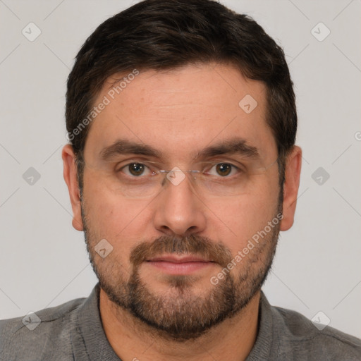 Neutral white adult male with short  brown hair and brown eyes