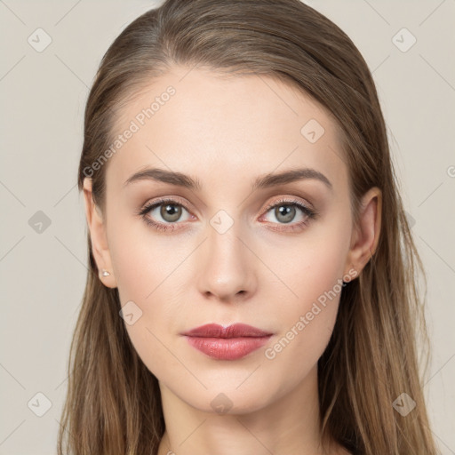 Neutral white young-adult female with long  brown hair and grey eyes