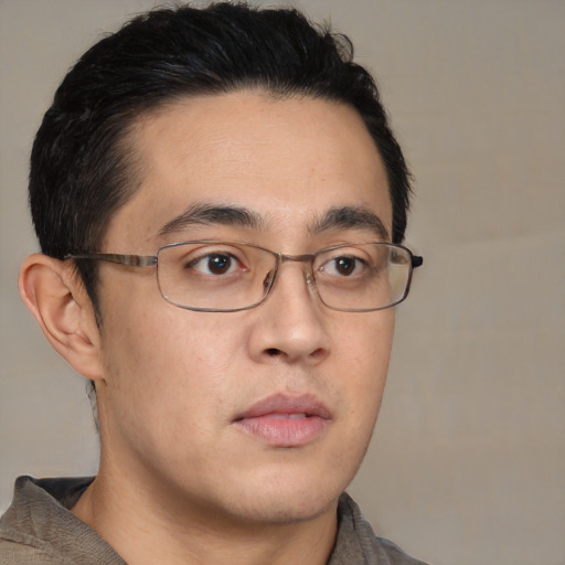 Neutral asian young-adult male with short  brown hair and brown eyes