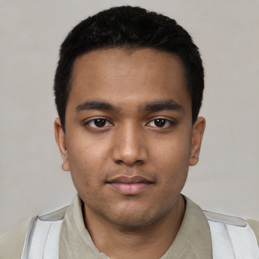 Neutral white young-adult male with short  black hair and brown eyes