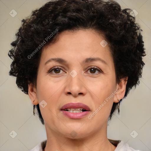 Joyful white adult female with short  brown hair and brown eyes