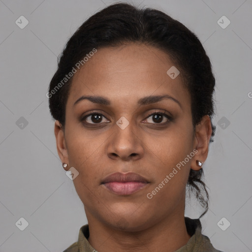 Neutral black young-adult female with short  brown hair and brown eyes