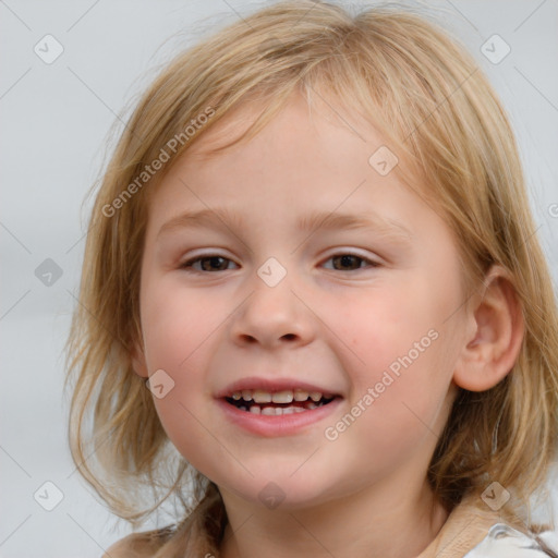 Joyful white child female with medium  brown hair and blue eyes