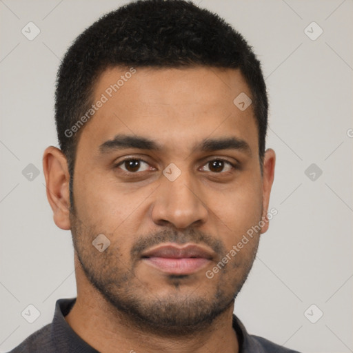 Neutral latino young-adult male with short  black hair and brown eyes