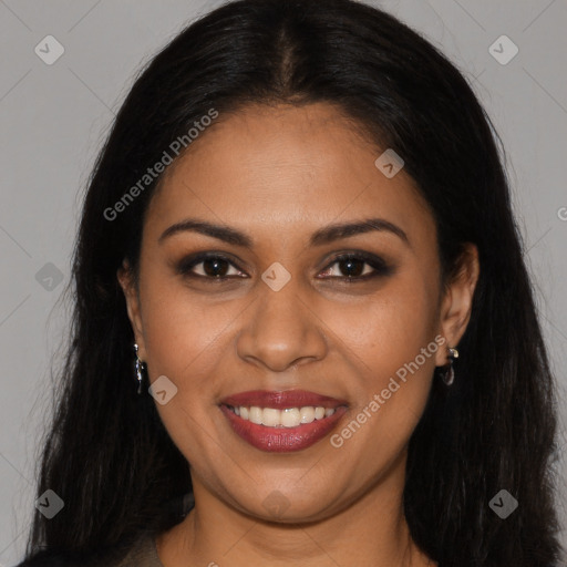 Joyful latino young-adult female with long  brown hair and brown eyes