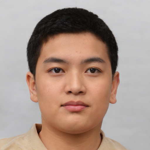 Neutral asian young-adult male with short  brown hair and brown eyes