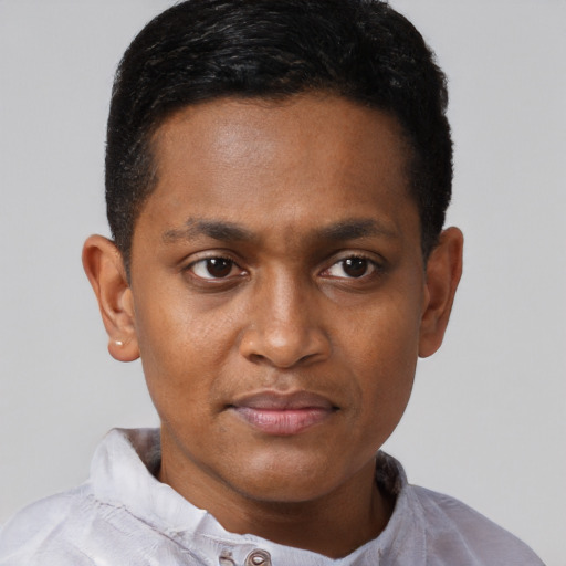 Neutral black young-adult male with short  black hair and brown eyes