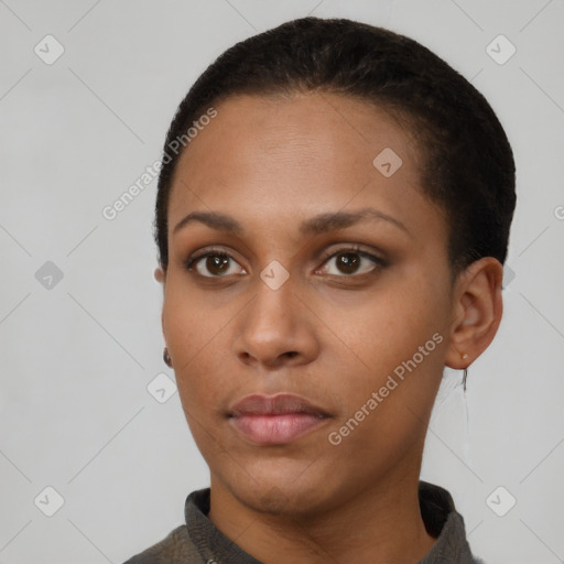 Neutral black young-adult female with short  black hair and brown eyes