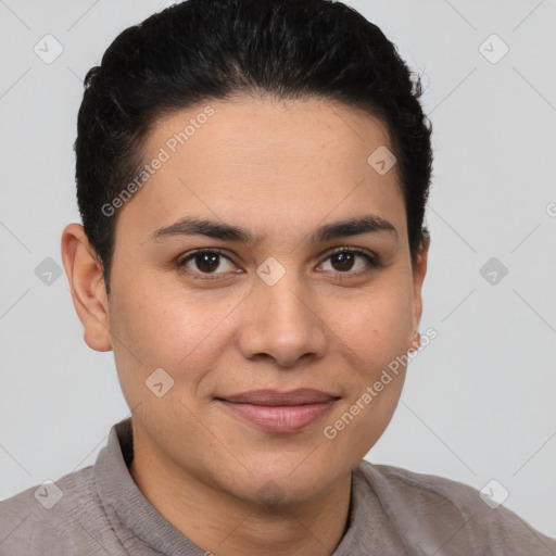Joyful latino young-adult female with short  brown hair and brown eyes