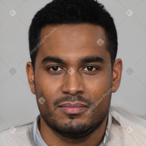 Neutral black young-adult male with short  black hair and brown eyes