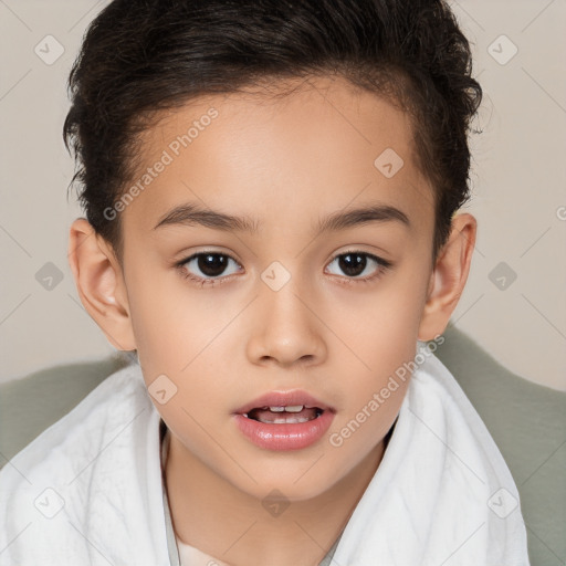 Joyful white child female with short  brown hair and brown eyes