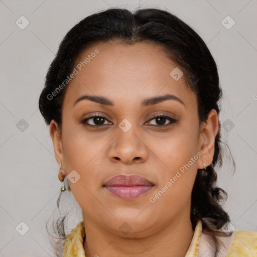 Joyful latino young-adult female with medium  brown hair and brown eyes