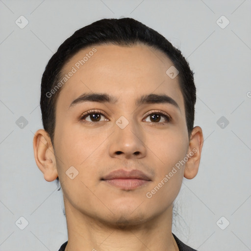 Neutral latino young-adult male with short  black hair and brown eyes