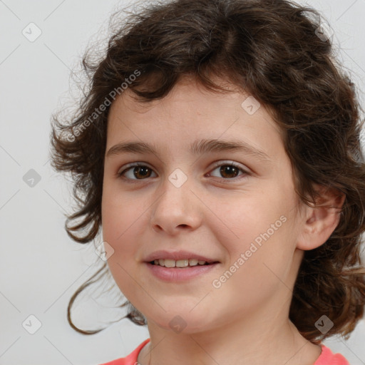 Joyful white child female with medium  brown hair and brown eyes