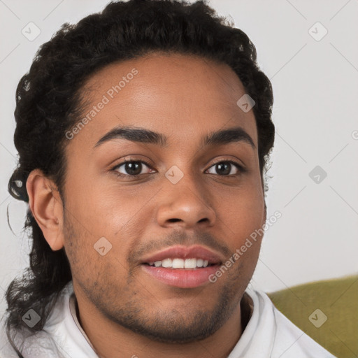 Joyful latino young-adult male with short  brown hair and brown eyes