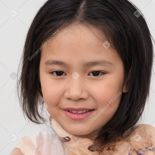 Joyful white child female with medium  brown hair and brown eyes