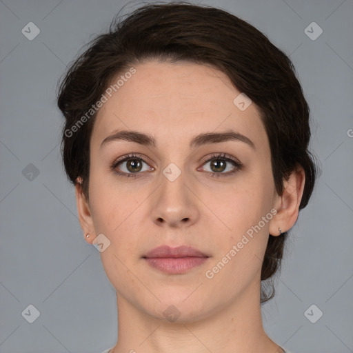 Neutral white young-adult female with medium  brown hair and brown eyes