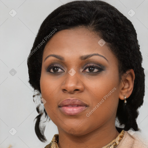 Joyful black young-adult female with medium  black hair and brown eyes