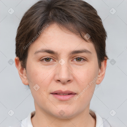 Joyful white young-adult female with short  brown hair and grey eyes