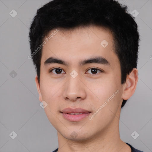Neutral asian young-adult male with short  black hair and brown eyes