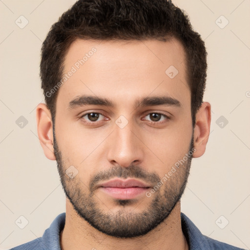 Neutral white young-adult male with short  brown hair and brown eyes