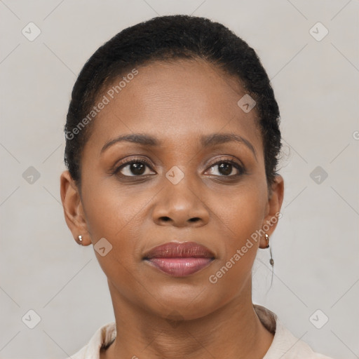 Joyful black young-adult female with short  black hair and brown eyes