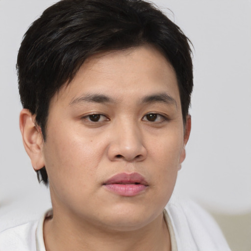 Neutral asian young-adult male with short  brown hair and brown eyes