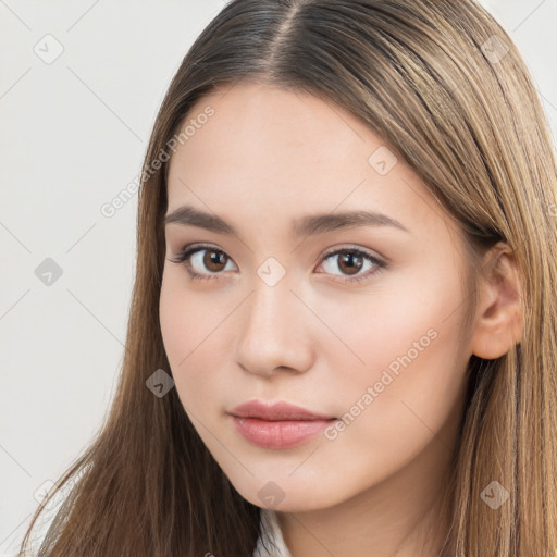 Neutral white young-adult female with long  brown hair and brown eyes