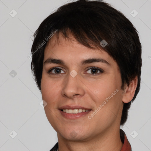 Joyful white young-adult female with short  brown hair and brown eyes