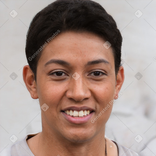 Joyful latino young-adult female with short  brown hair and brown eyes