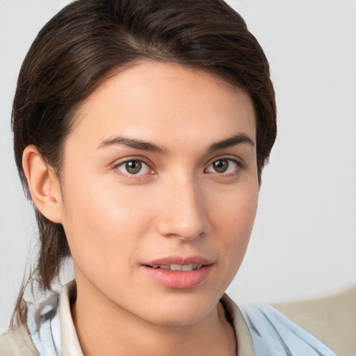 Neutral white young-adult female with medium  brown hair and brown eyes