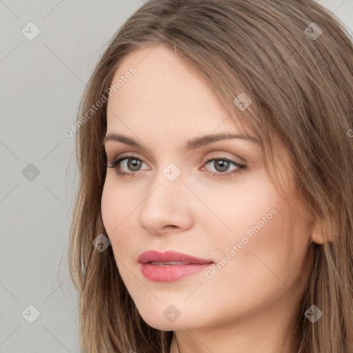 Neutral white young-adult female with long  brown hair and brown eyes