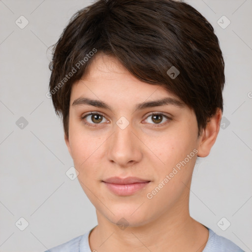 Neutral white young-adult female with short  brown hair and brown eyes