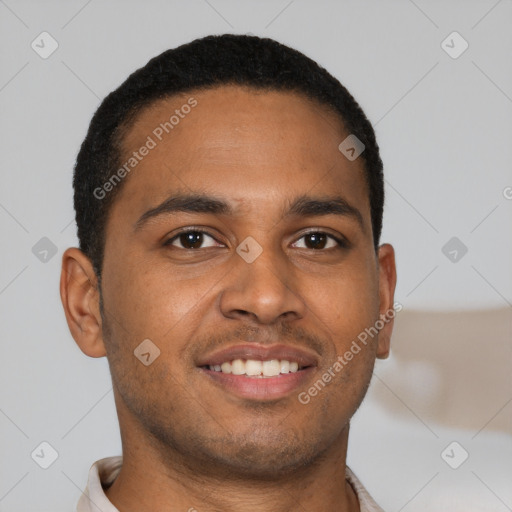 Joyful black young-adult male with short  brown hair and brown eyes